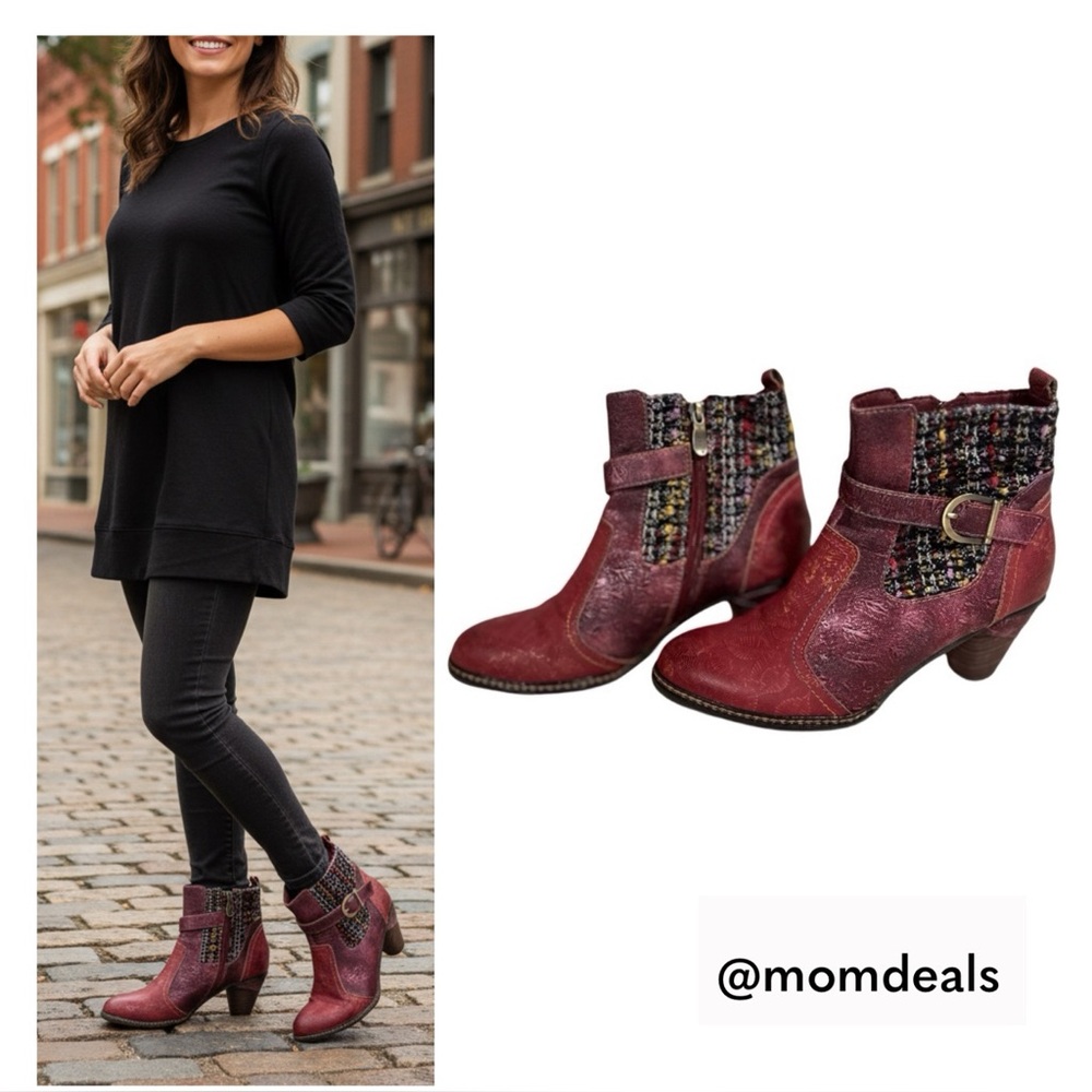 L'Atiste by Spring Step Nancies Burgundy Leather Tweed Ankle Boots Size EU 39 - Picture 1 of 17